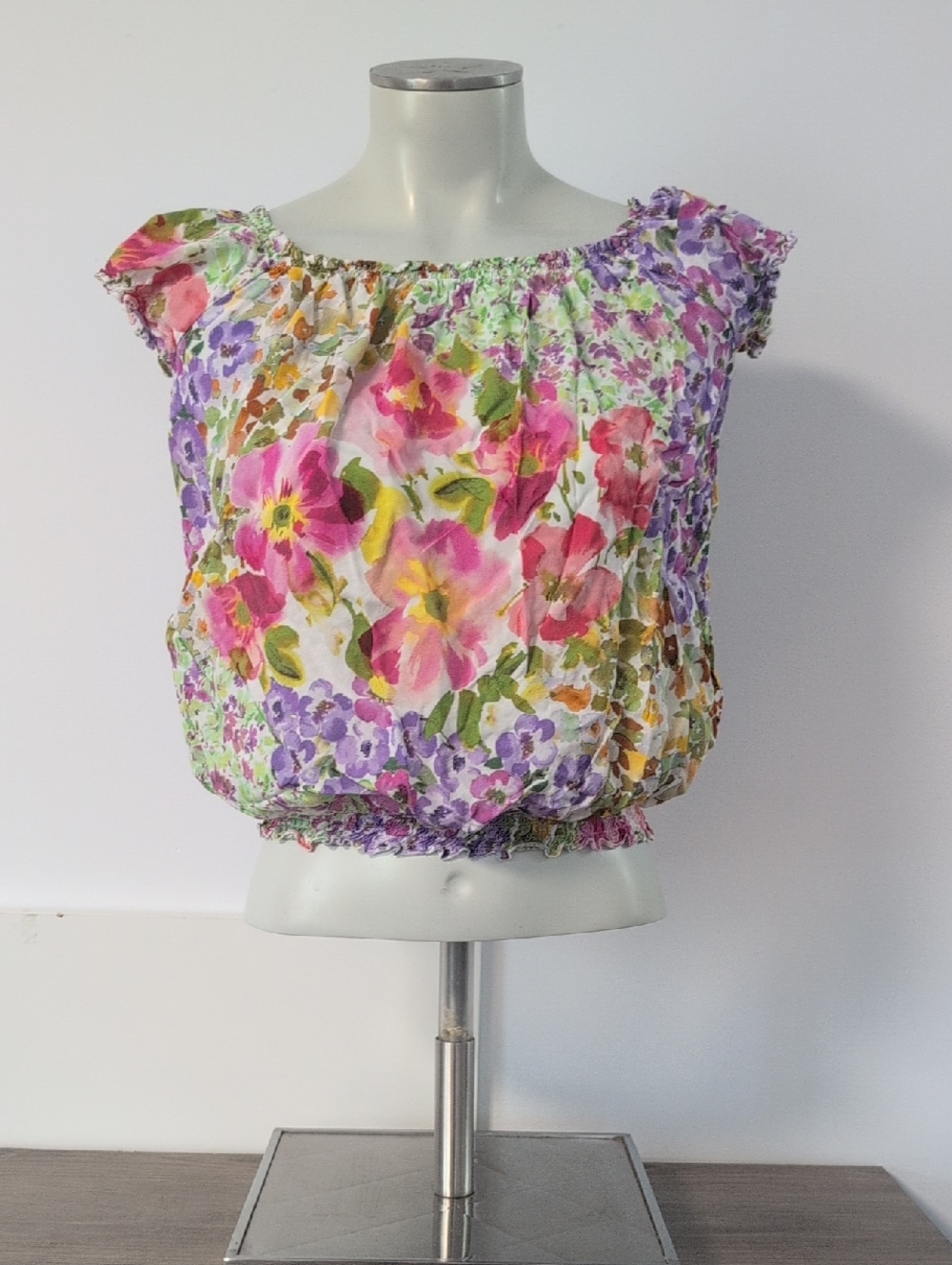Floral Off-Shoulder Crop Top - Pink & Purple